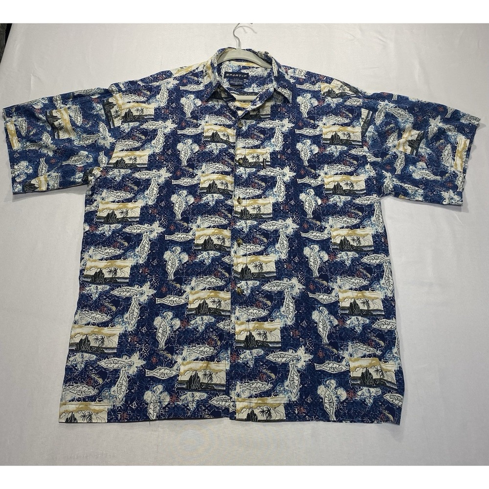 Sportif Hawaiian Shirt Mens M Blue Tropical Fish Island Print 100% Cotton